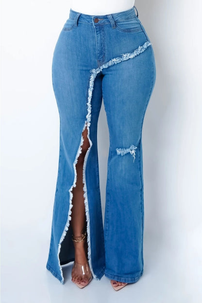 Denim elastic ripped flared jeans
