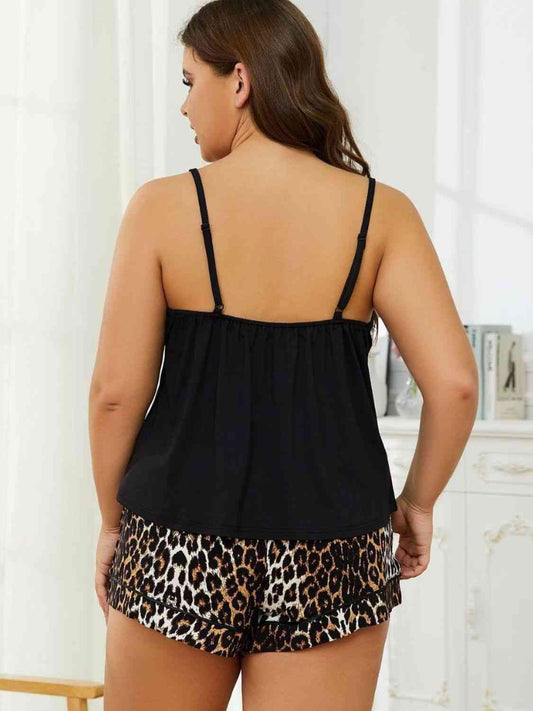 Plus Size Lace Cami and Printed Shorts Pajama Set-Lingerie